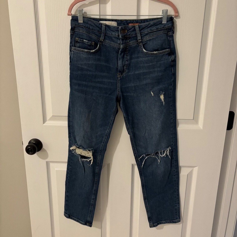 Anthropologie Pilcro High Rise Distressed Straight Leg Jeans Dark Wash Size 28